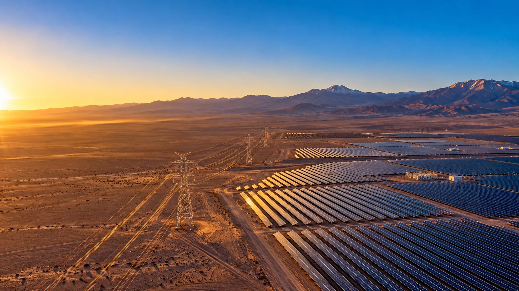 Parque fotovoltaico y línea de transmisión de alta tensión en el desierto de Atacama